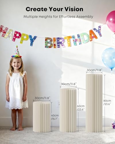 3 Pack Cylinder Stands for Party, Round Cake Pedestal Stands Foldable Buffet Food Risers White Cardboard, alternate view 4