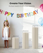 3 Pack Cylinder Stands for Party, Round Cake Pedestal Stands Foldable Buffet Food Risers White Cardboard, alternate view 4