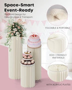 3 Pack Cylinder Stands for Party, Round Cake Pedestal Stands Foldable Buffet Food Risers White Cardboard, alternate view 5