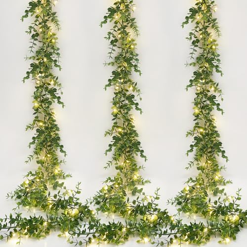3 Pack Eucalyptus Garland with LED Lights String 18Ft Greenery Garland