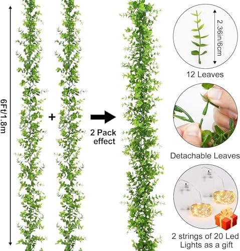 3 Pack Eucalyptus Garland with LED Lights String 18Ft Greenery Garland, alternate view 3