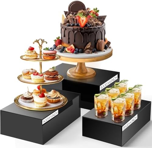 3 Pack Extra Large Acrylic Buffet Risers - 15”, 14”, 13” Black Display Stands with Hollow Bottoms, Cube Riser