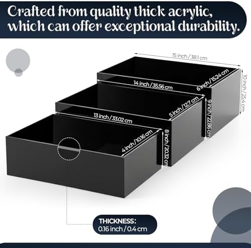 3 Pack Extra Large Acrylic Buffet Risers - 15”, 14”, 13” Black Display Stands with Hollow Bottoms, Cube Riser, alternate view