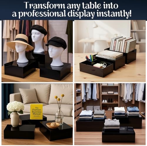3 Pack Extra Large Acrylic Buffet Risers - 15”, 14”, 13” Black Display Stands with Hollow Bottoms, Cube Riser, alternate view
