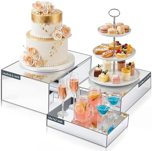 3 Pack Extra Large Acrylic Risers - 14”, 12”, 10” Silver Display Stands with Hollow Bottoms, Cube Buffet Riser