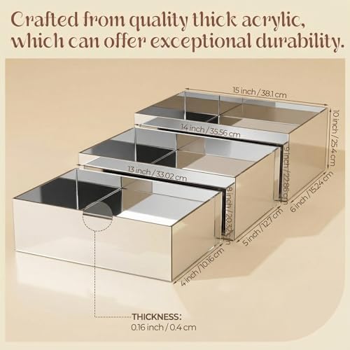 3 Pack Extra Large Acrylic Risers - 15”, 14”, 13” Silver Display Stands with Hollow Bottoms, Cube Buffet Riser, alternate