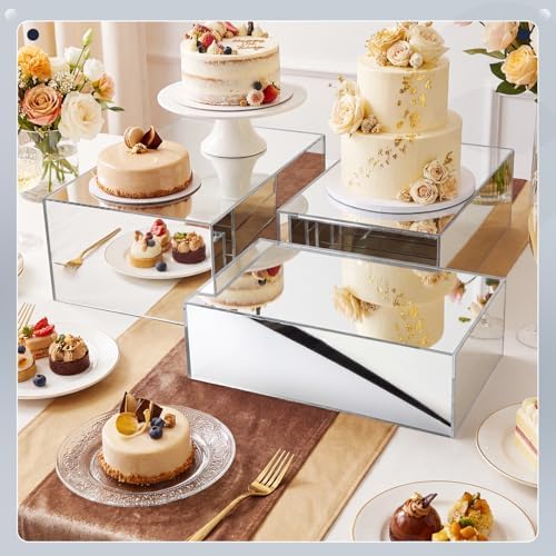 3 Pack Extra Large Acrylic Risers - 15”, 14”, 13” Silver Display Stands with Hollow Bottoms, Cube Buffet Riser, alternate