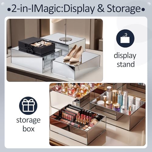 3 Pack Extra Large Acrylic Risers - 15”, 14”, 13” Silver Display Stands with Hollow Bottoms, Cube Buffet Riser, alternate