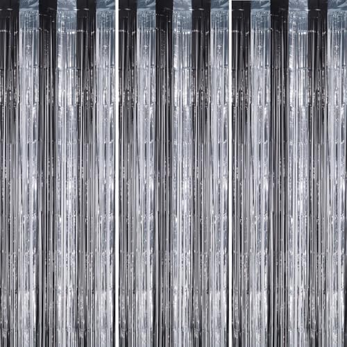 3 Pack Foil Fringe Backdrop - Black&Silver Shiny Tinsel Curtains for Party Decoration/Photo Booth Props