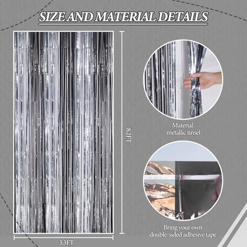 3 Pack Foil Fringe Backdrop - Black&Silver Shiny Tinsel Curtains for Party Decoration/Photo Booth Props, alternate view 3