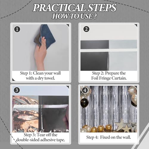 3 Pack Foil Fringe Backdrop - Black&Silver Shiny Tinsel Curtains for Party Decoration/Photo Booth Props, alternate view 4