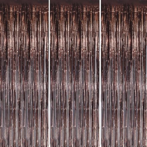 3 Pack Foil Fringe Backdrop - Brown Shiny Tinsel Curtains for Party Decoration/Photo Booth Props - 3.3x8.2 FT