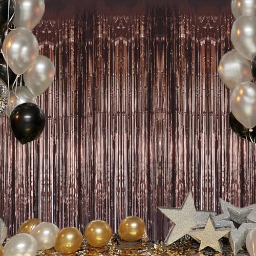 3 Pack Foil Fringe Backdrop - Brown Shiny Tinsel Curtains for Party Decoration/Photo Booth Props - 3.3x8.2 FT, alternate view