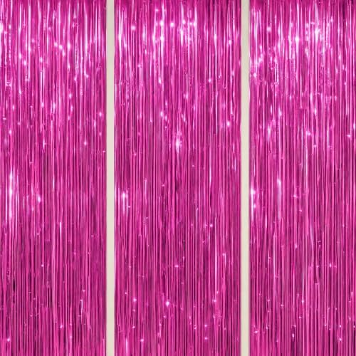 3 Pack Foil Fringe Backdrop - Hot Pink Shiny Tinsel Curtains for Party Decoration/Photo Booth Props - 3.3x8.2 FT