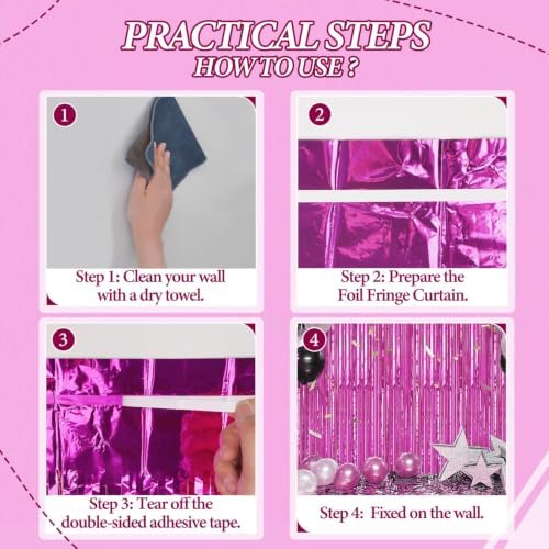 3 Pack Foil Fringe Backdrop - Hot Pink Shiny Tinsel Curtains for Party Decoration/Photo Booth Props - 3.3x8.2 FT, alternate