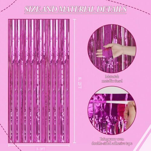 3 Pack Foil Fringe Backdrop - Hot Pink Shiny Tinsel Curtains for Party Decoration/Photo Booth Props - 3.3x8.2 FT, alternate