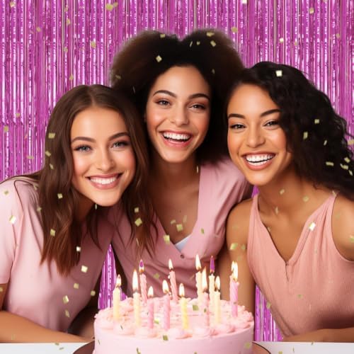 3 Pack Foil Fringe Backdrop - Hot Pink Shiny Tinsel Curtains for Party Decoration/Photo Booth Props - 3.3x8.2 FT, alternate