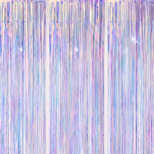 3 Pack Foil Fringe Backdrop - Iridescent Shiny Tinsel Curtains for Party Decoration/Photo Booth Props - 3.3x8.2