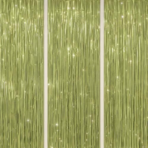 3 Pack Foil Fringe Backdrop - Light Green Shiny Tinsel Curtains for Party Decoration/Photo Booth Props - 3.3x8.2