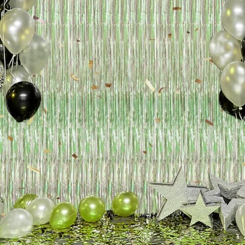 3 Pack Foil Fringe Backdrop - Light Green Shiny Tinsel Curtains for Party Decoration/Photo Booth Props - 3.3x8.2, alternate
