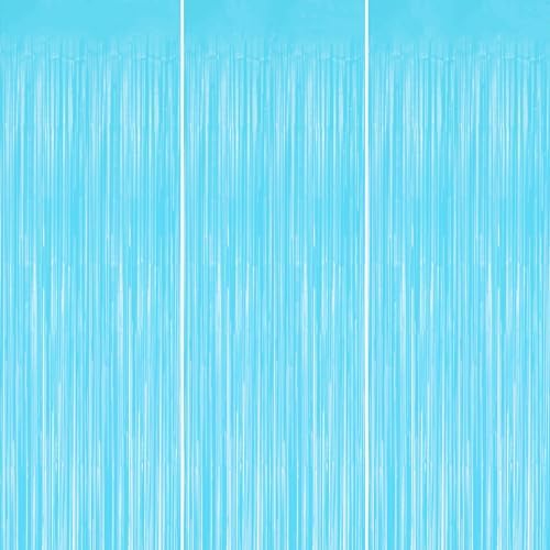 3 Pack Foil Fringe Backdrop - Pastel Blue Shiny Tinsel Curtains for Party Decoration/Photo Booth Props - 3.3x8.2