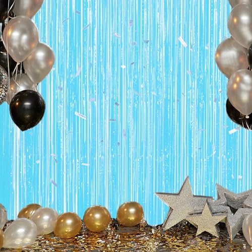 3 Pack Foil Fringe Backdrop - Pastel Blue Shiny Tinsel Curtains for Party Decoration/Photo Booth Props - 3.3x8.2, alternate