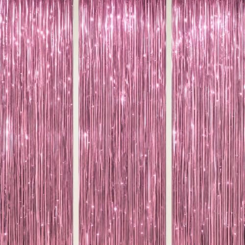 3 Pack Foil Fringe Backdrop - Pink Shiny Tinsel Curtains for Party Decoration/Photo Booth Props - 3.3x8.2 FT