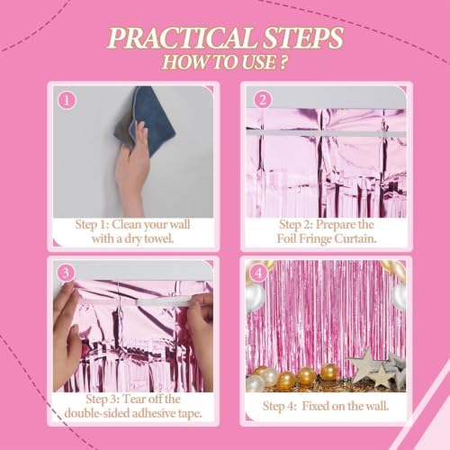 3 Pack Foil Fringe Backdrop - Pink Shiny Tinsel Curtains for Party Decoration/Photo Booth Props - 3.3x8.2 FT, alternate view