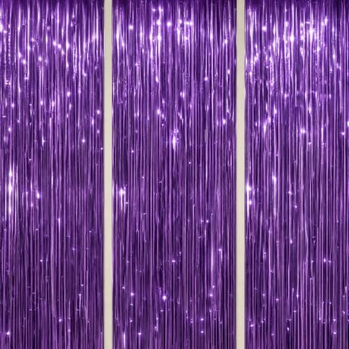 3 Pack Foil Fringe Backdrop - Purple Shiny Tinsel Curtains for Party Decoration/Photo Booth Props - 3.3x8.2 FT