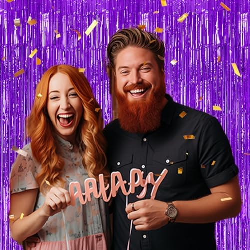 3 Pack Foil Fringe Backdrop - Purple Shiny Tinsel Curtains for Party Decoration/Photo Booth Props - 3.3x8.2 FT, alternate