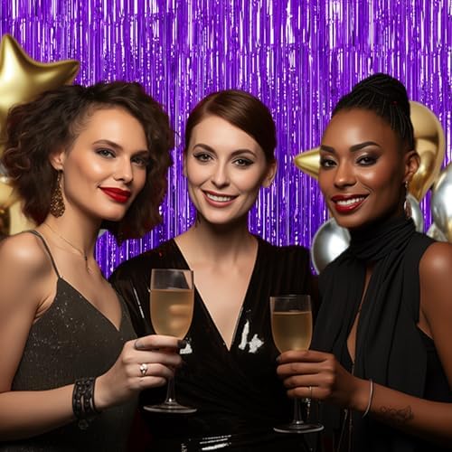 3 Pack Foil Fringe Backdrop - Purple Shiny Tinsel Curtains for Party Decoration/Photo Booth Props - 3.3x8.2 FT, alternate