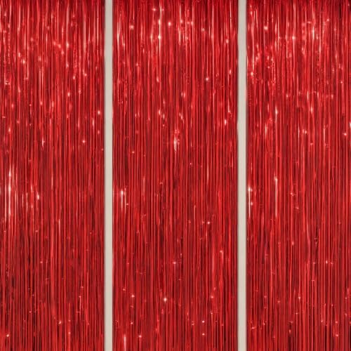 3 Pack Foil Fringe Backdrop - Red Shiny Tinsel Curtains for Party Decoration/Photo Booth Props - 3.3x8.2 FT