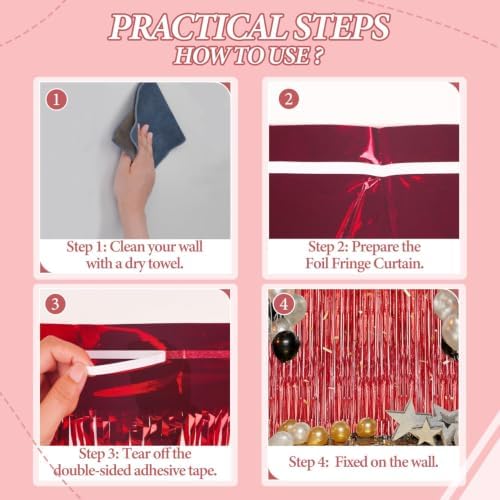 3 Pack Foil Fringe Backdrop - Red Shiny Tinsel Curtains for Party Decoration/Photo Booth Props - 3.3x8.2 FT, alternate view 3