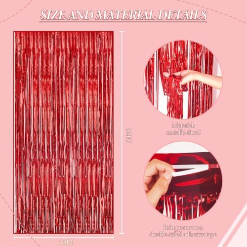 3 Pack Foil Fringe Backdrop - Red Shiny Tinsel Curtains for Party Decoration/Photo Booth Props - 3.3x8.2 FT, alternate view 4