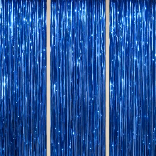 3 Pack Foil Fringe Backdrop - Royal Blue Shiny Tinsel Curtains for Party Decoration/Photo Booth Props - 3.3x8.2