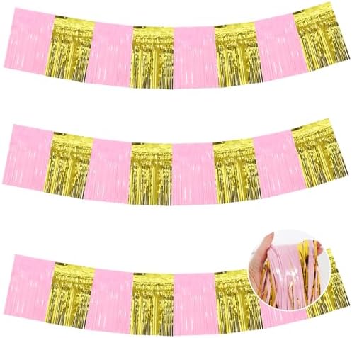 3 Pack Fringe Garland Banner 30ft Wall Tinsel Foil Streamers in Macaron Pink Gold