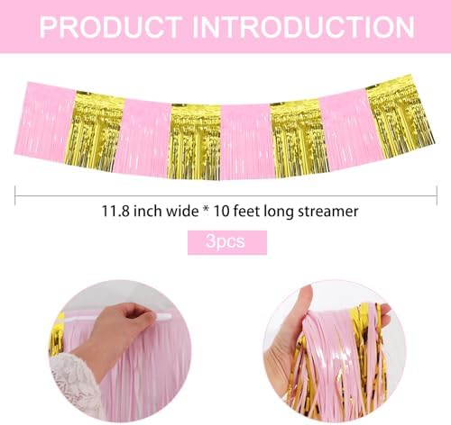3 Pack Fringe Garland Banner 30ft Wall Tinsel Foil Streamers in Macaron Pink Gold, alternate view 2
