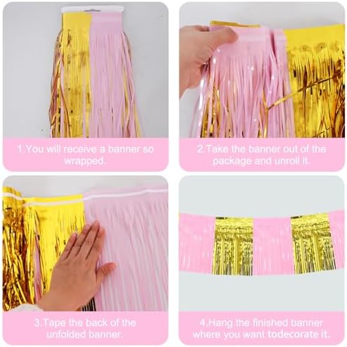 3 Pack Fringe Garland Banner 30ft Wall Tinsel Foil Streamers in Macaron Pink Gold, alternate view 3