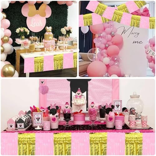 3 Pack Fringe Garland Banner 30ft Wall Tinsel Foil Streamers in Macaron Pink Gold, alternate view 4
