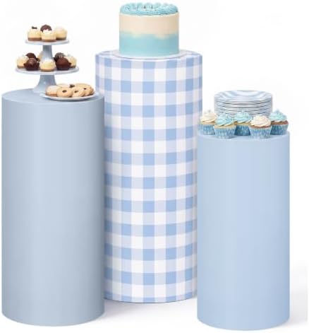 3 Pack Gingham Cylinder Stand Covers for Party Elastic Milk Silk Cylinder Pedestal Covers Wedding Birthday Event