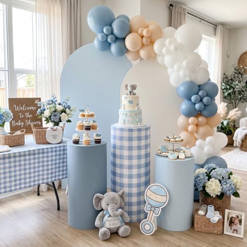 3 Pack Gingham Cylinder Stand Covers for Party Elastic Milk Silk Cylinder Pedestal Covers Wedding Birthday Event, alternate