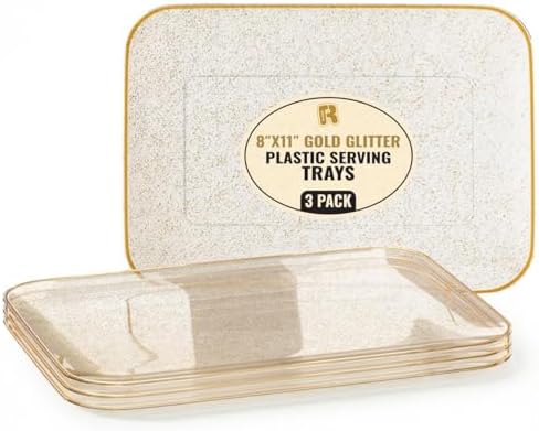 3 Pack Gold Glitter Plastic Serving Trays for Party - Gold Glittered Serving Tray 8 x 11 Inch - Heavy Duty