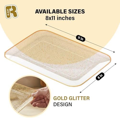 3 Pack Gold Glitter Plastic Serving Trays for Party - Gold Glittered Serving Tray 8 x 11 Inch - Heavy Duty, alternate view 3