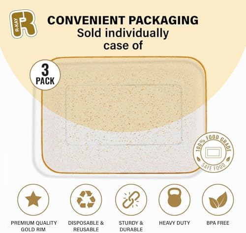3 Pack Gold Glitter Plastic Serving Trays for Party - Gold Glittered Serving Tray 8 x 11 Inch - Heavy Duty, alternate view 5