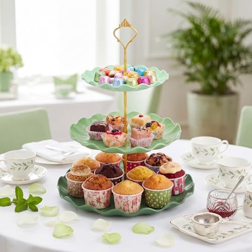 3 Pack Green Cupcake Stands, Round 3-Tier Gradient Serving Tray, Plastic Dessert Table Display Tower for Wedding, alternate