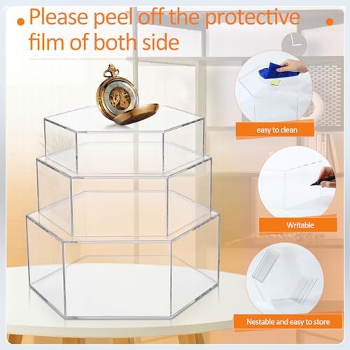 3 Pack Large Clear Acrylic Buffet Risers 14” 13” 12” Hexagonal in Clear, alternate view 2