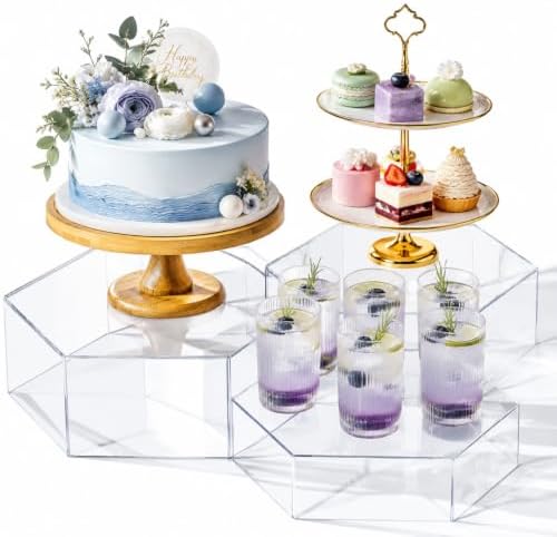 3 Pack Large Clear Acrylic Buffet Risers 14” 13” 12” Hexagonal in Clear, alternate view 4