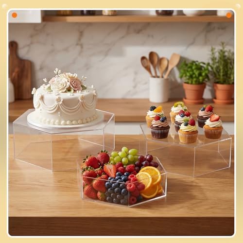 3 Pack Large Clear Acrylic Buffet Risers 14” 13” 12” Hexagonal in Clear, alternate view 5
