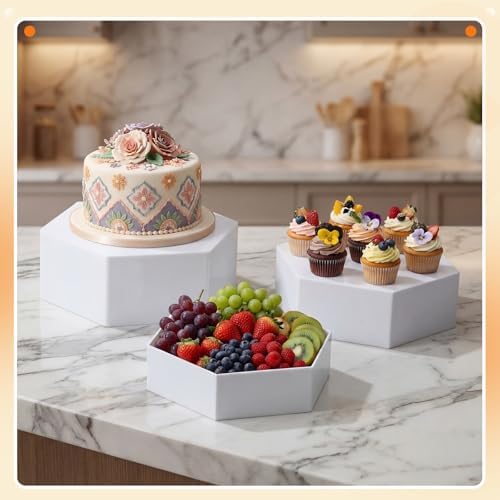 3 Pack Large White Acrylic Buffet Risers 14” 13” 12” Hexagonal in White, alternate view 4