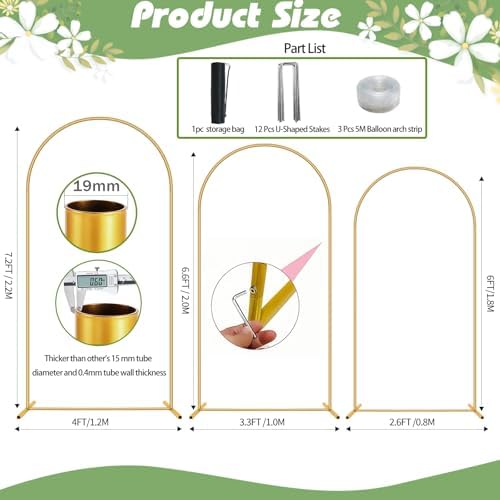 3 Pack Metal Wedding Arch (7.2FT, 6.6FT, 6FT) Backdrop Gold Balloon Stand, alternate view 2
